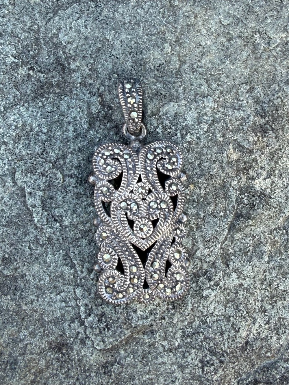 Vintage Sterling Silver Marcasite Filigree Heart Pendant